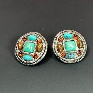 Vintage Stone And Rhinestone Silver Tone Clip On Earrings